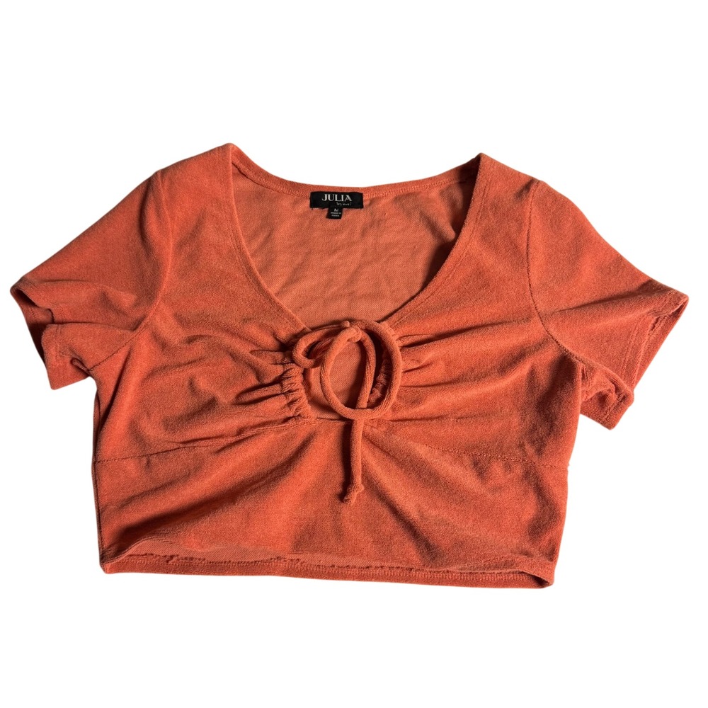 Julia by Love J Women Coral Orange Terry Cloth Ruched Tie Front Crop Top M